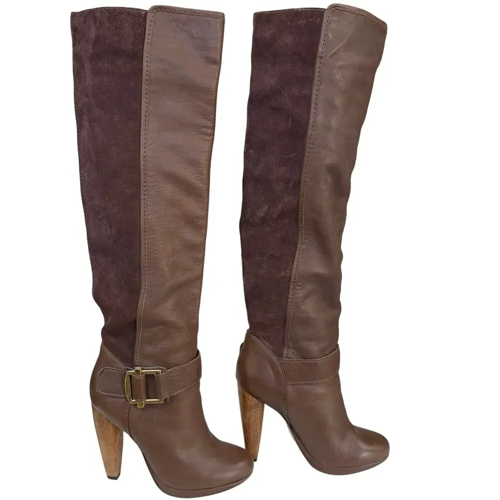 French Connection Joy Brown Leather & Suede knee high Boots Size 36 /‎ US 6